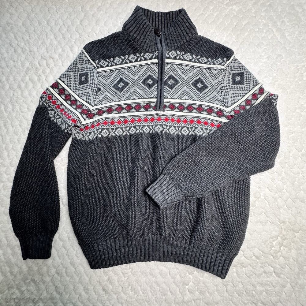 IZOD Men’s Medium Fair Isle Quarter Zip Sweater Gray Nordic Winter Pullover